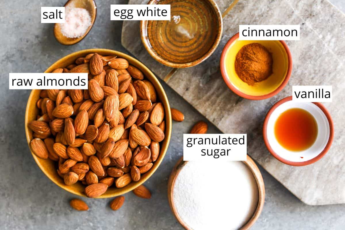 overhead view of the labeled ingredients in this candied almonds recipe