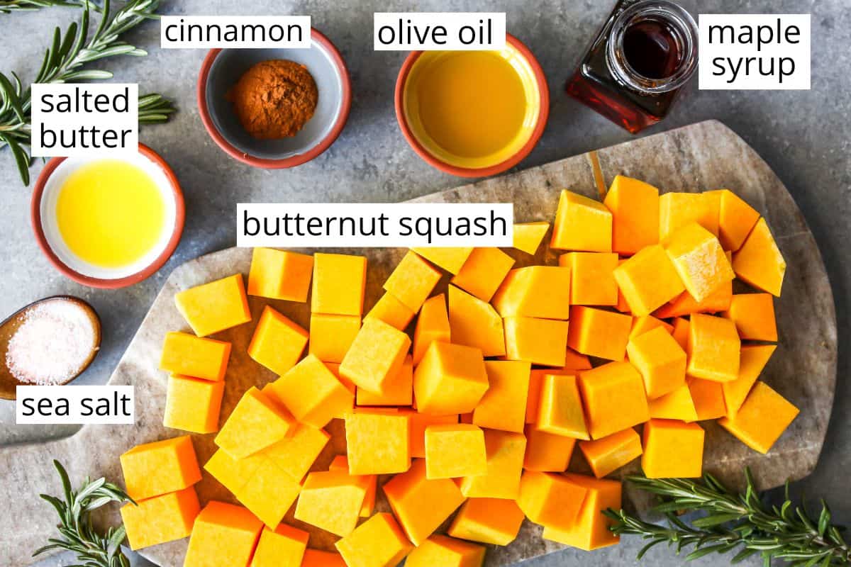 overhead view of the labeled ingredients in this roasted butternut squash recipe