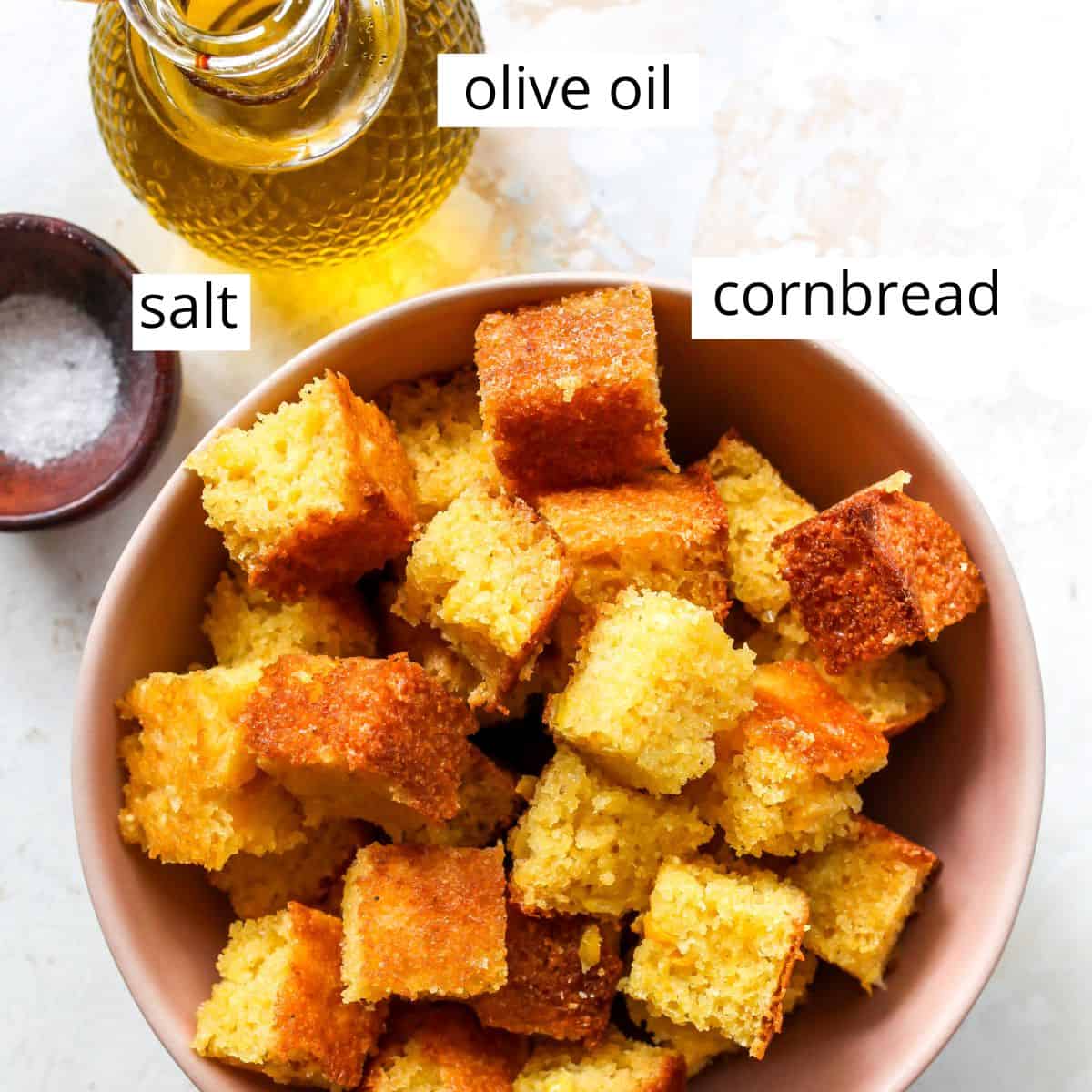 overhead view of the labeled ingredients in this Cornbread Croutons recipe