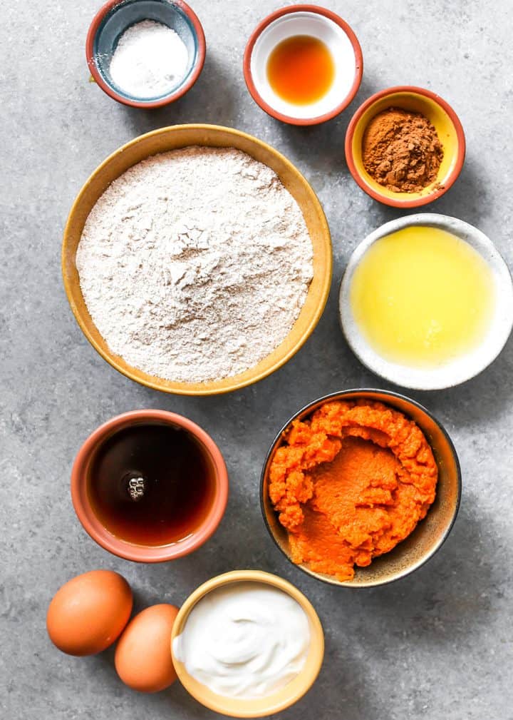 overhead view of the ingredients in this Healthy Pumpkin Muffin recipe