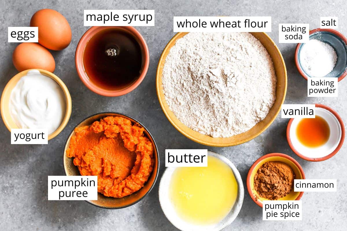 overhead view of the labeled ingredients in this Healthy Pumpkin Muffin recipe