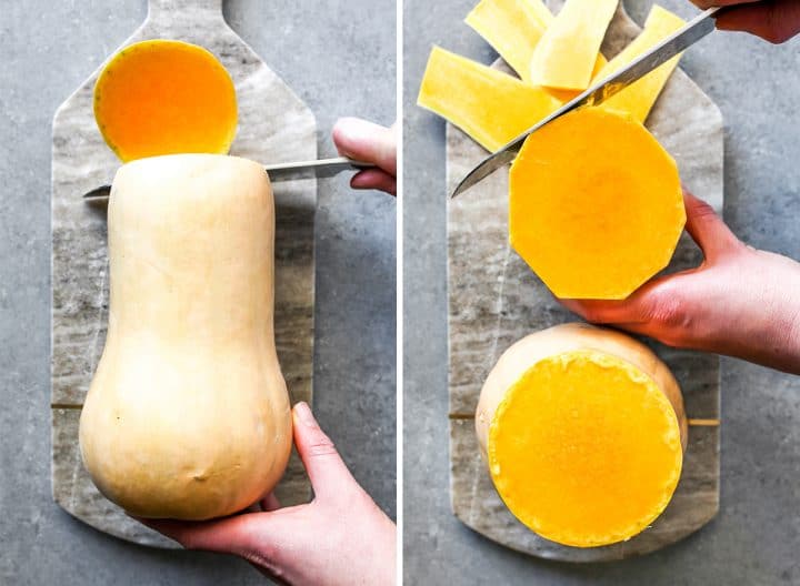 This roasted butternut squash recipe is a healthy fall side dish that’s easy to make with only 5 ingredients! Baked butternut squash is slightly sweet, creamy on the inside and crispy on the outside with a touch of cinnamon - a perfect holiday side dish! two overhead photos showing how to Cut a Butternut Squash