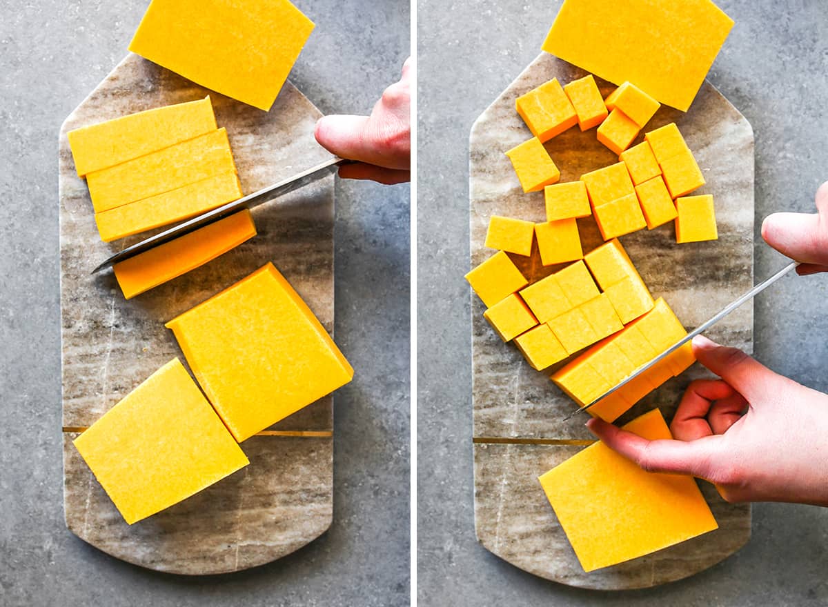 two overhead photos showing How to Cut a Butternut Squash