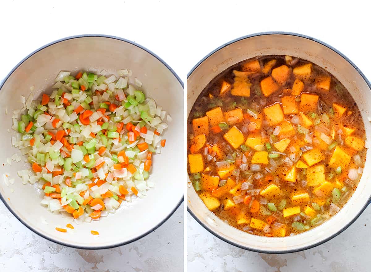 two overhead photos showing how to make butternut squash soup