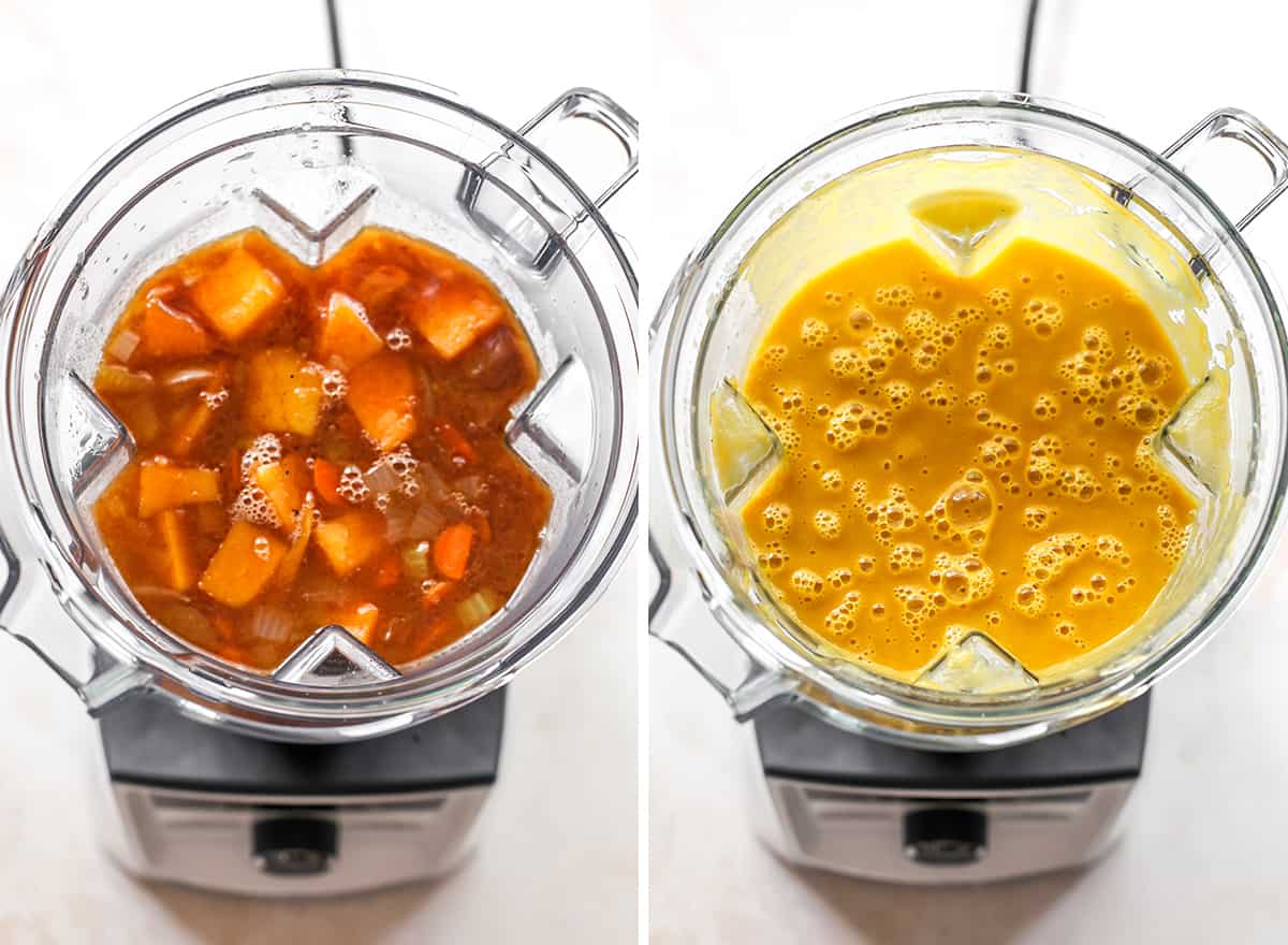 two overhead photos showing how to make butternut squash soup in the blender