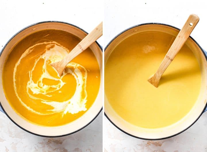 two overhead photos showing how to make Butternut Squash Soup 