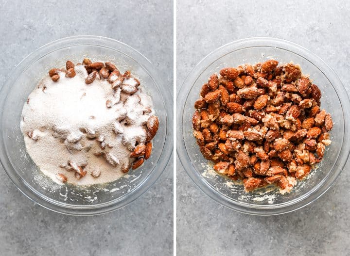 two overhead photos showing How to Make Candied Almonds