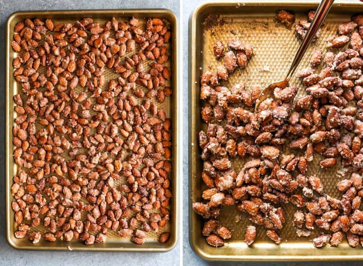 two overhead photos showing How to Make Candied Almonds
