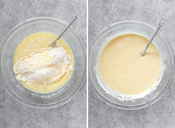 two overhead photos showing How to Make Cornbread