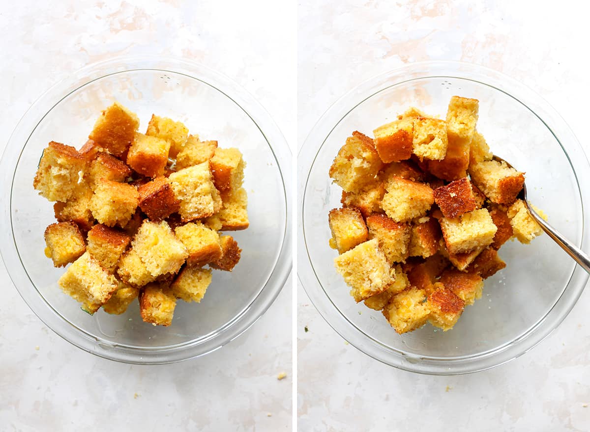 two overhead photos showing how to make Cornbread Croutons