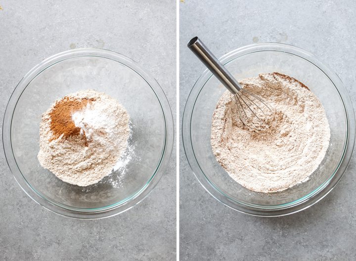 two overhead photos showing how to make Healthy Pumpkin Muffins