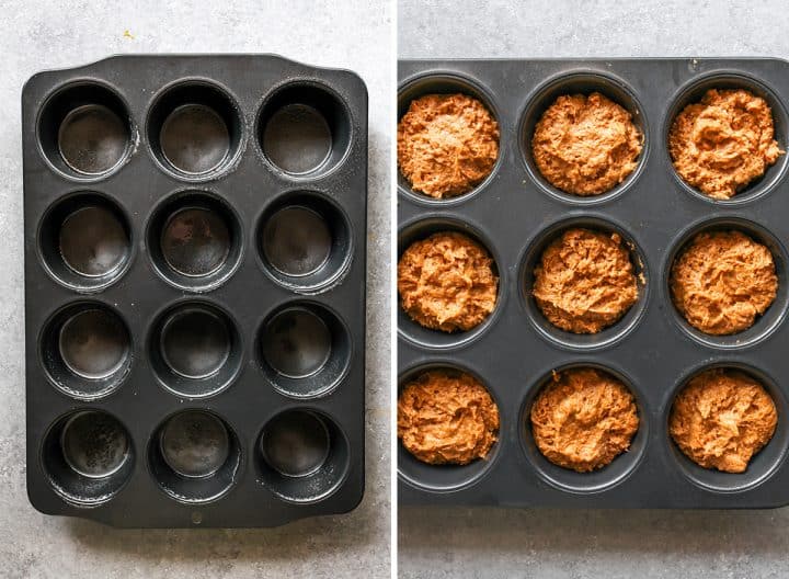 two overhead photos showing how to make Healthy Pumpkin Muffins