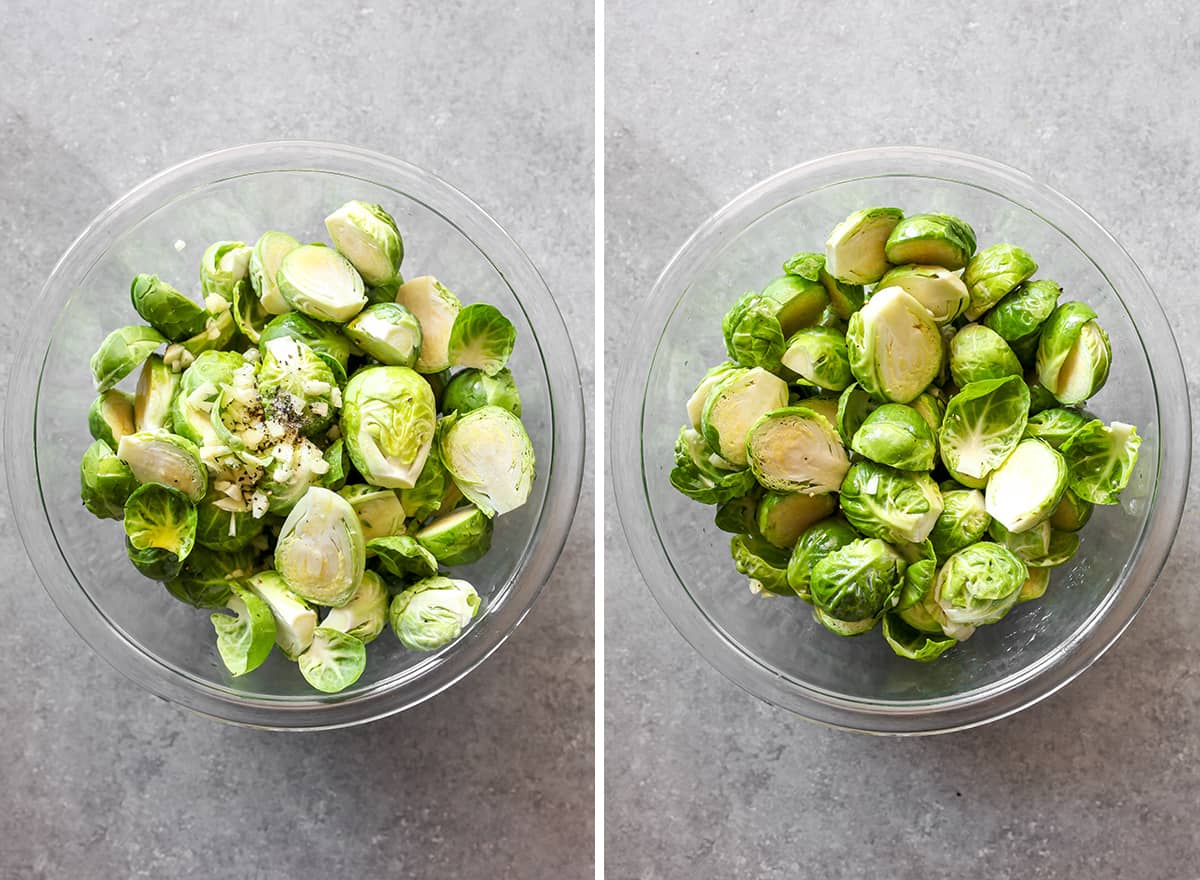two overhead photos showing how to make Brussel sprouts with bacon