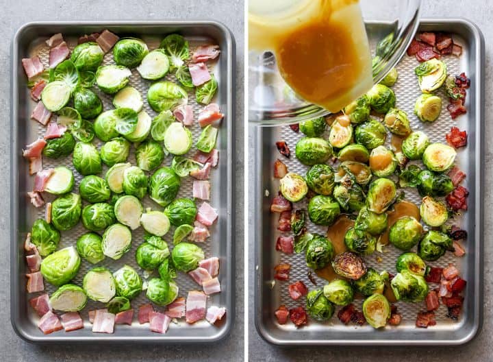 two overhead photos showing how to make Brussel sprouts with bacon