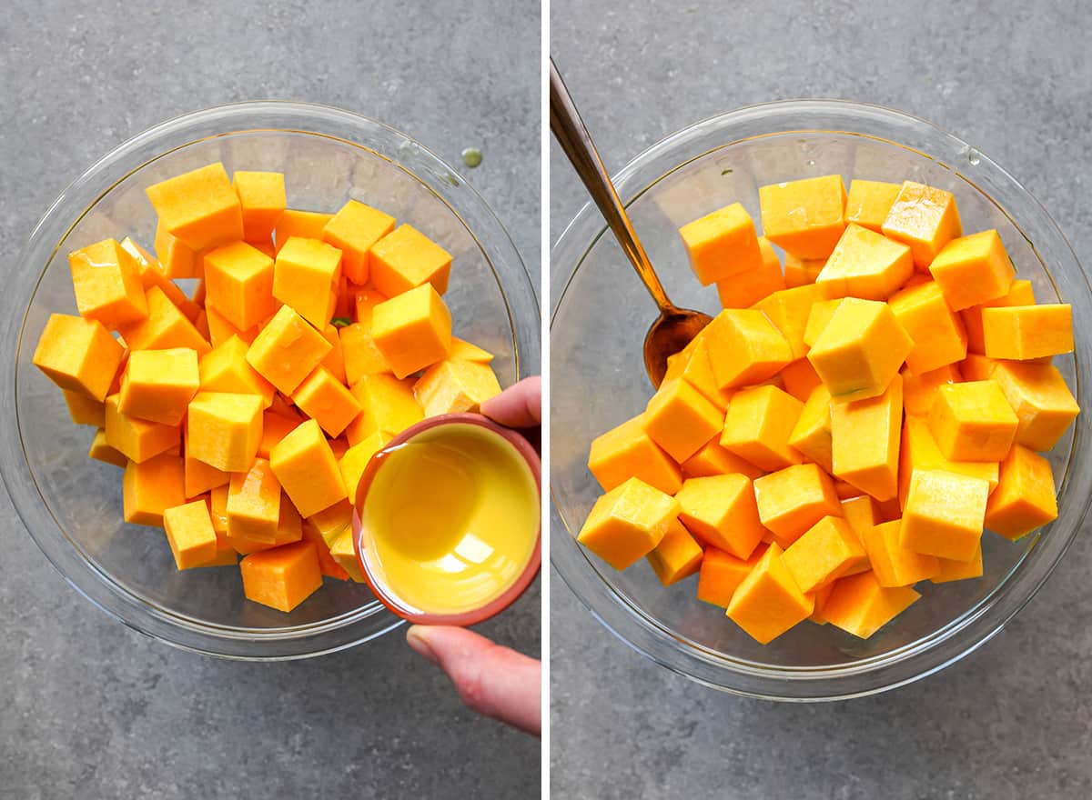 two overhead photos showing How to Cook Butternut Squash