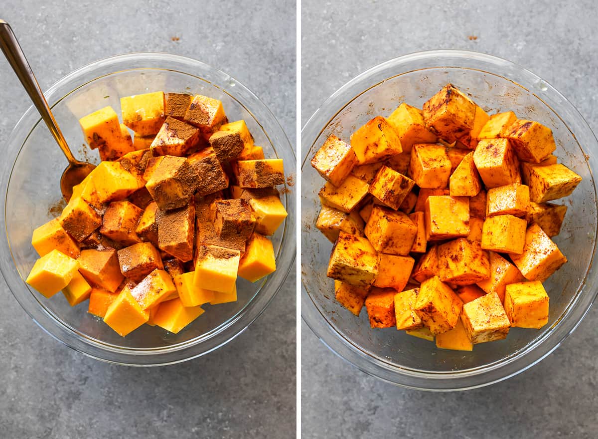 two overhead photos showing How to Cook Butternut Squash