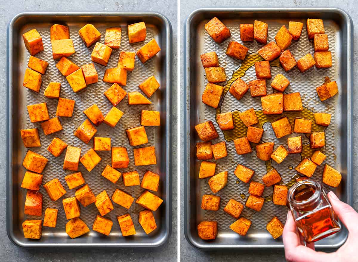 two overhead photos showing How to Roast Butternut Squash