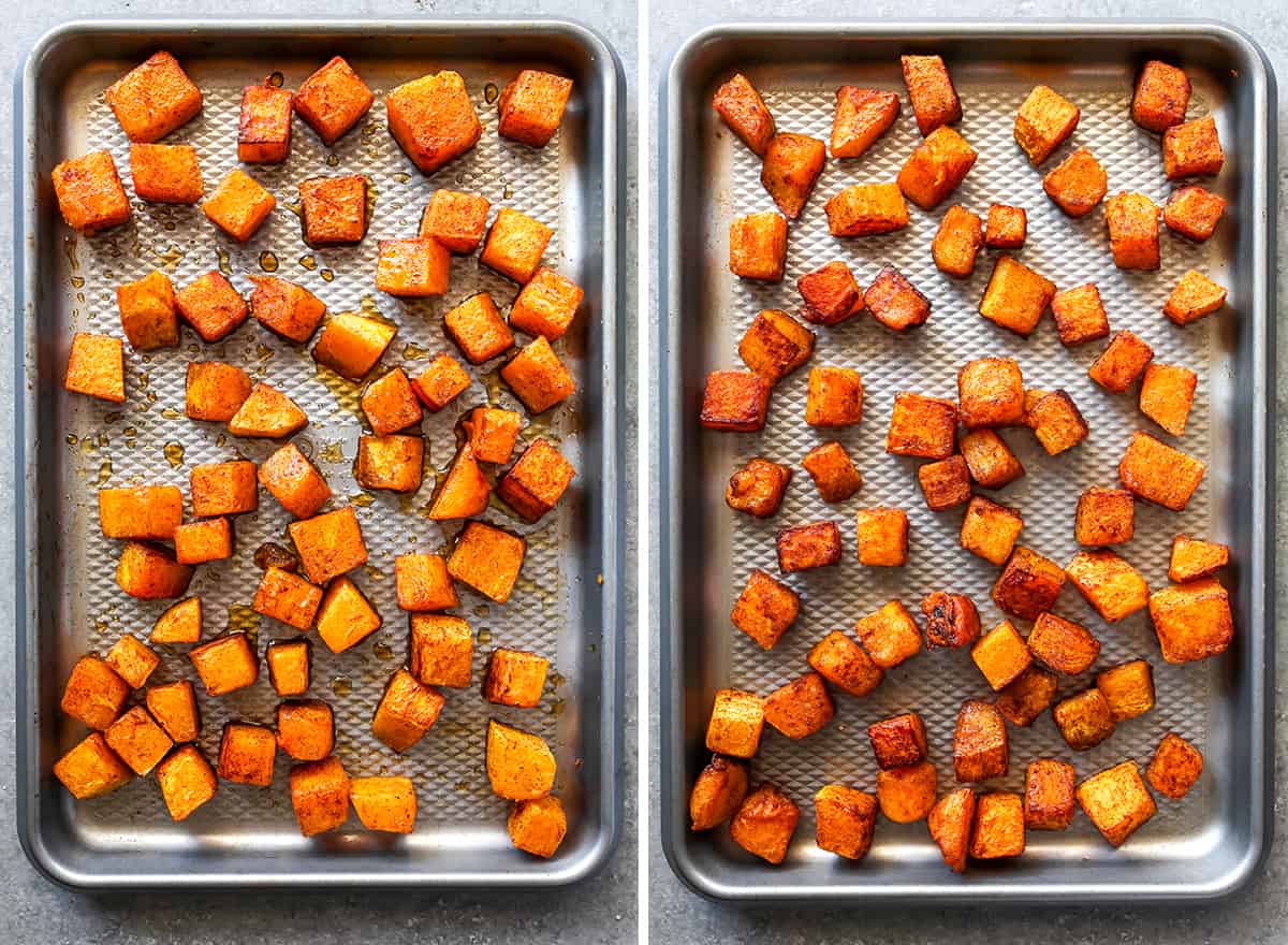 two overhead photos showing How to Roast Butternut Squash