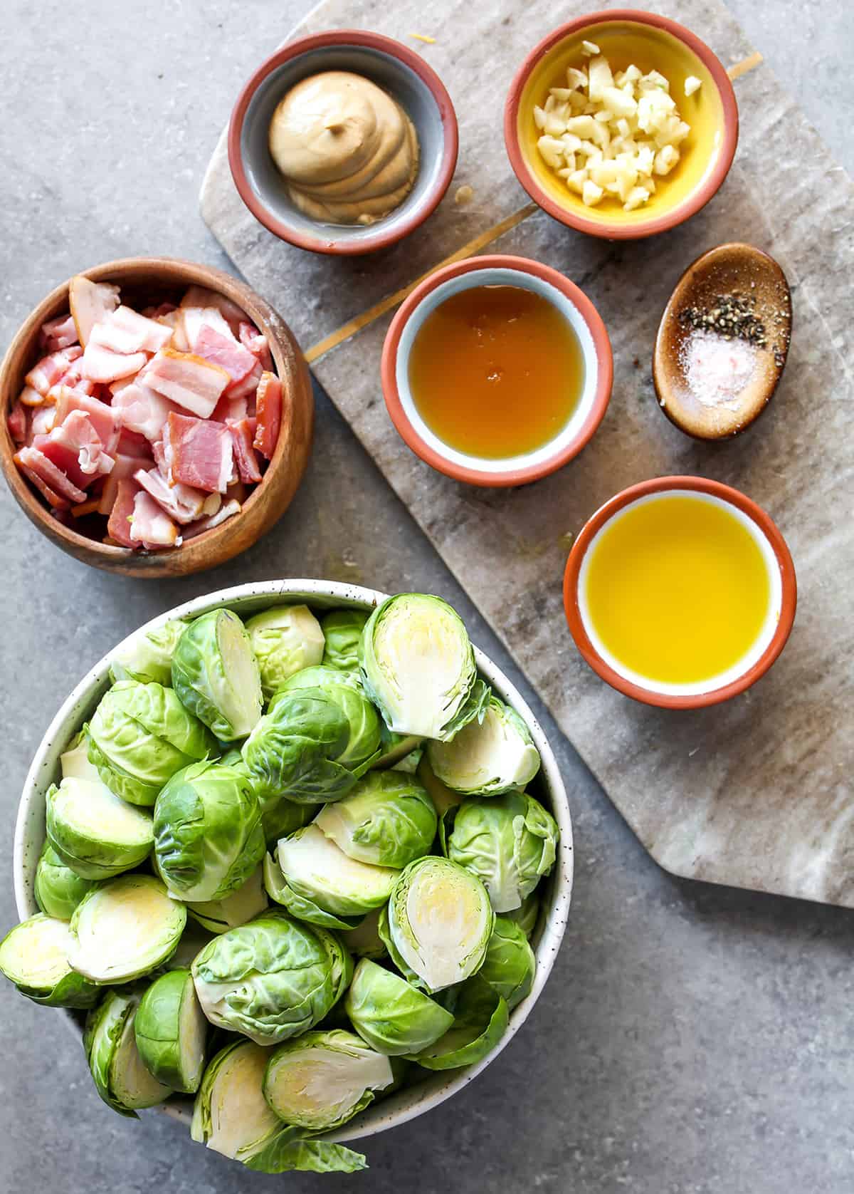 overhead view of the ingredients in this Roasted Brussel Sprouts with Bacon recipe