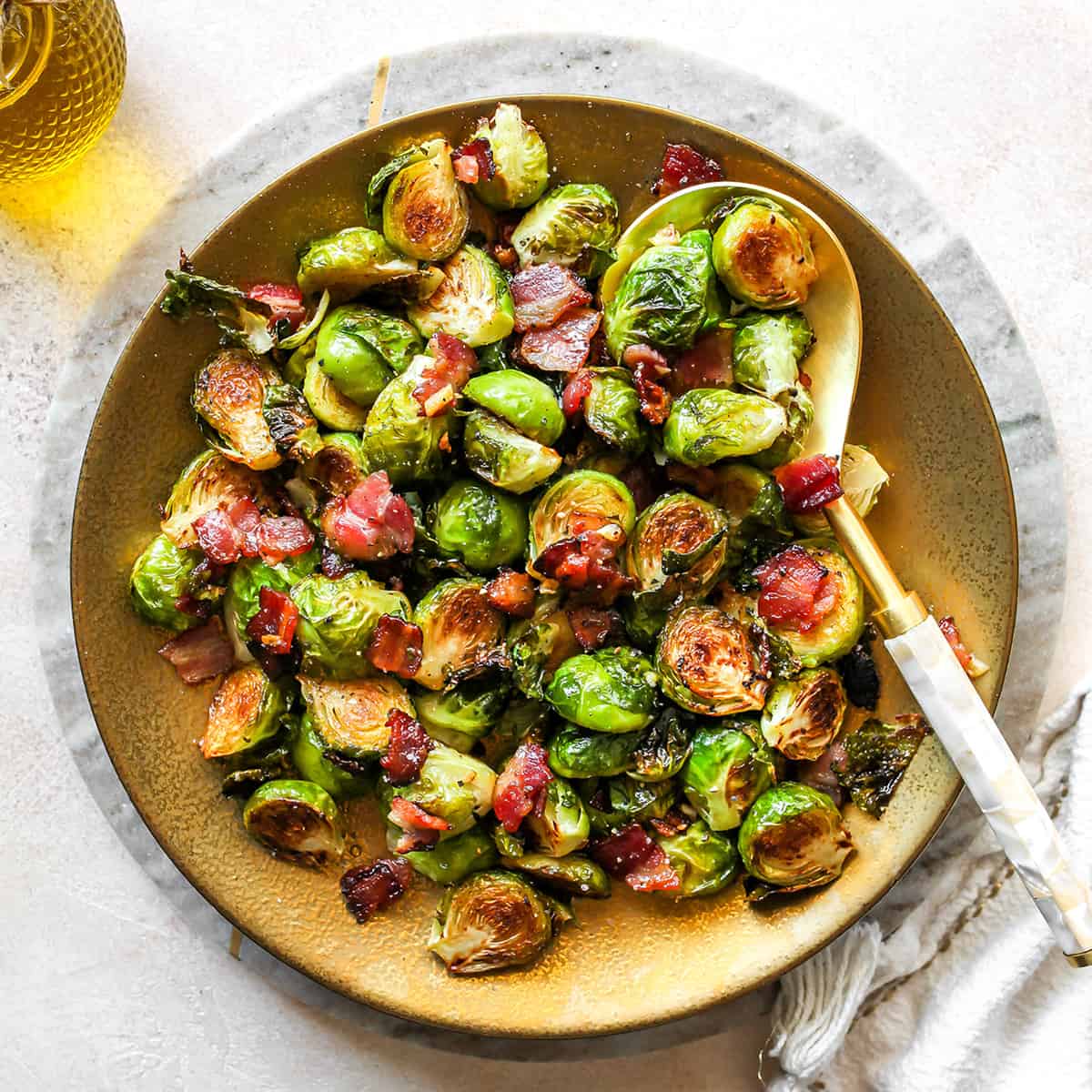 overhead view of a plate of Brussel Sprouts with Bacon 