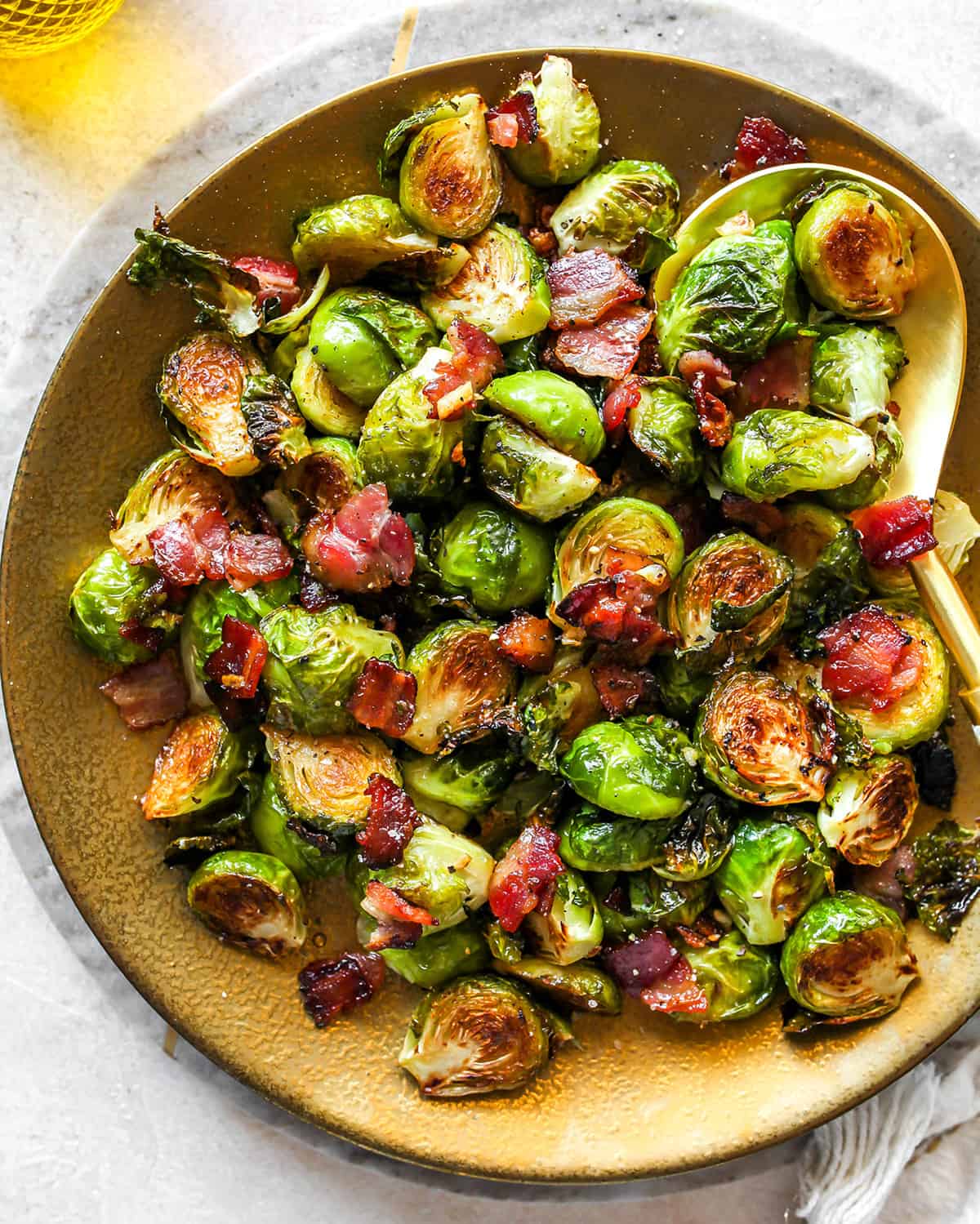 overhead view of a plate of Brussel Sprouts with Bacon