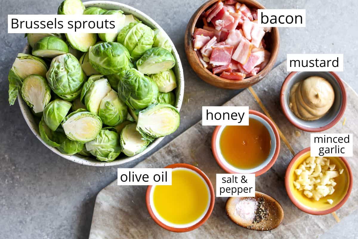 overhead view of the labeled ingredients in this Roasted Brussel Sprouts with Bacon recipe