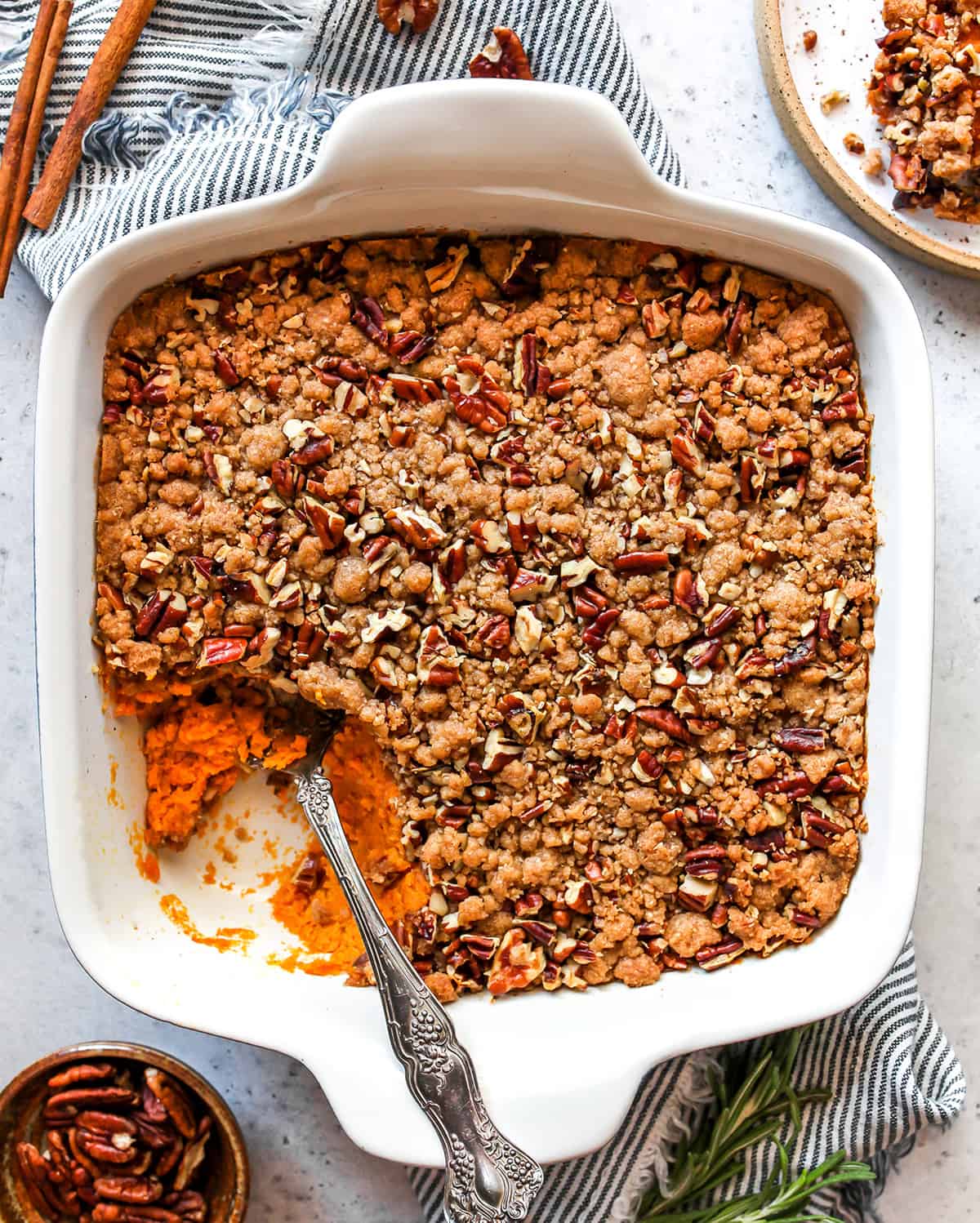 Overhead view of sweet potato casserole in a baking dish