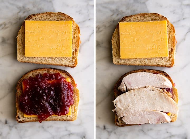 two overhead photos showing How to Make a Turkey Cranberry Sandwich