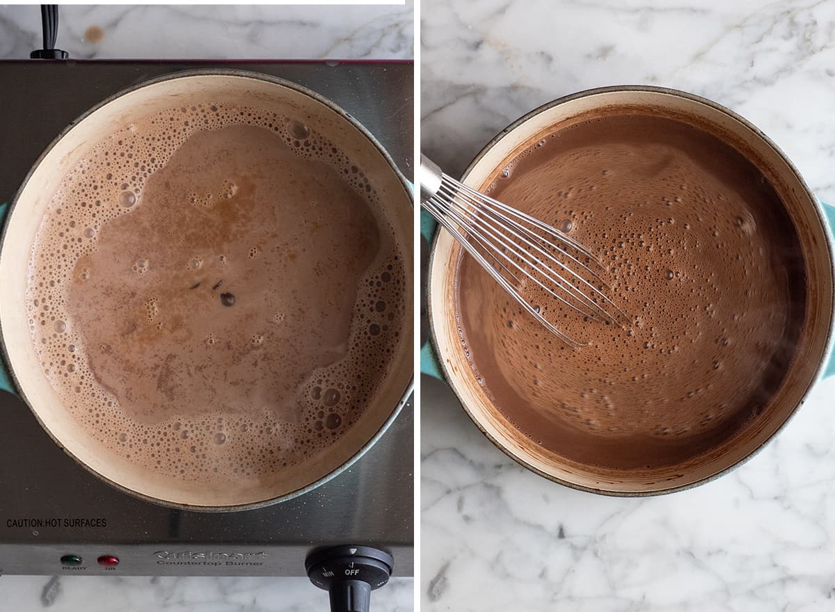 two overhead photos showing how to make hot chocolate