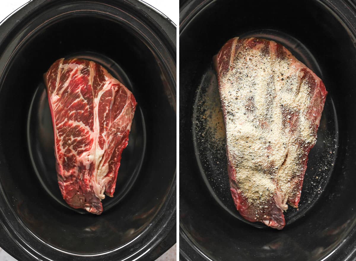 two photos showing how to make slow cooker pot roast -  - putting oil and rub on the roast in the slow cooker