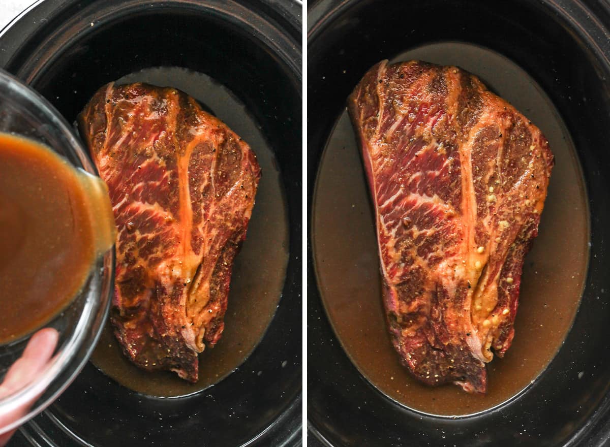 two photos showing how to make slow cooker pot roast -  - pouring sauce over roast in crockpot