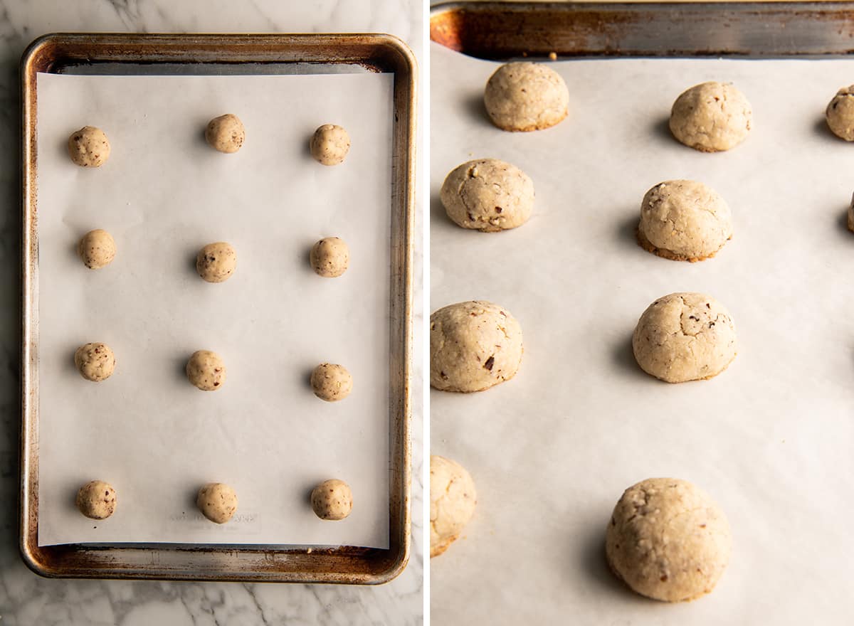 two overhead photos showing how to make snowball cookies