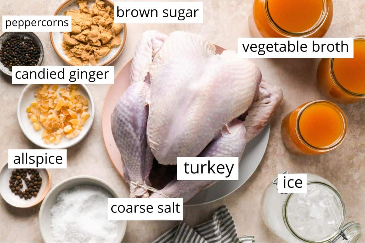 overhead view of the labeled ingredients in this turkey brine recipe including vegetable broth, brown sugar, a whole raw turkey, spices and more. 