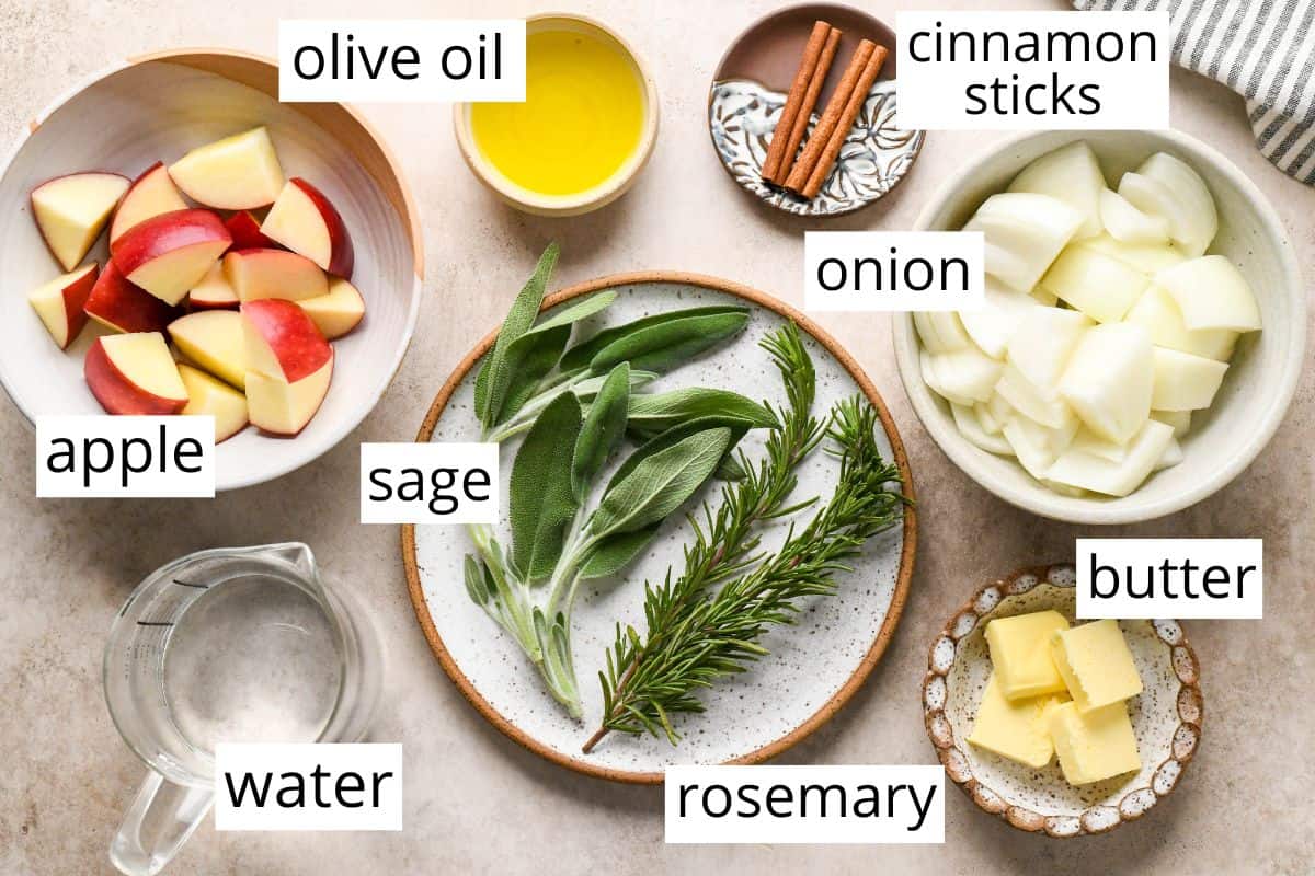 overhead view of the labeled ingredients for the aromatics in this roast turkey recipe like sage, rosemary, cinnamon sticks, onion apples and more. 