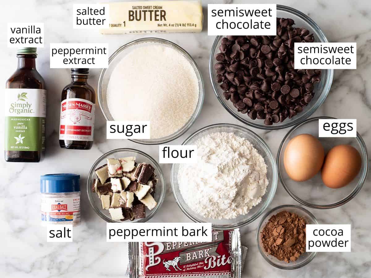 overhead photo of the labeled ingredients in this Peppermint Brownie recipe