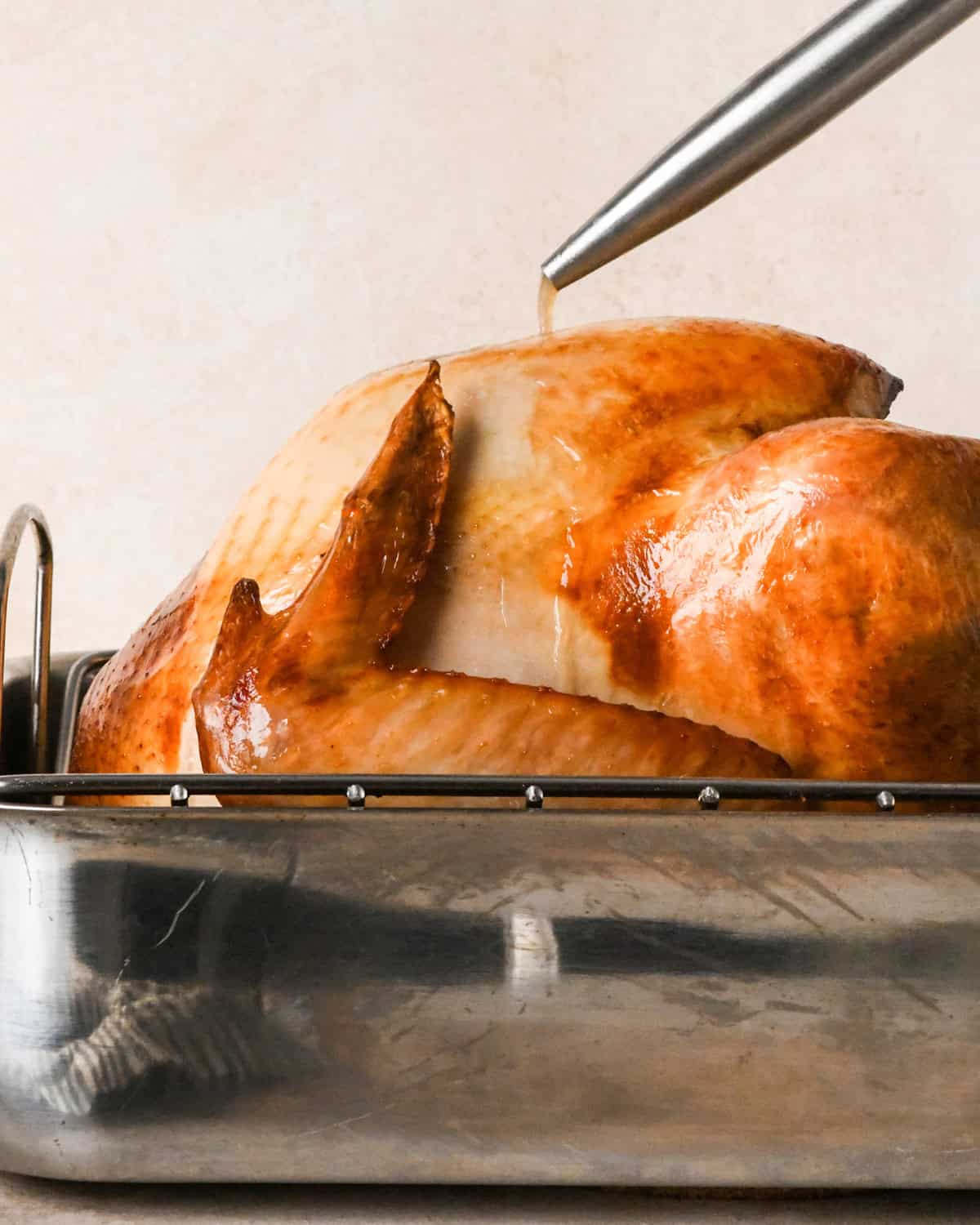 oven roasted turkey being basted in a roasting pan after roasting