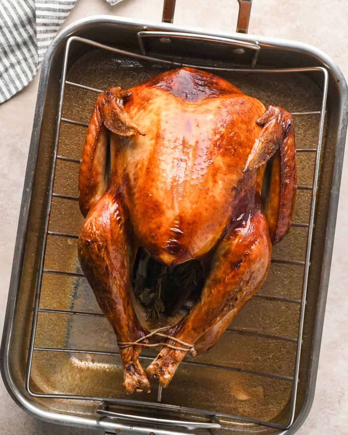 oven roasted turkey in a roasting pan after roasting