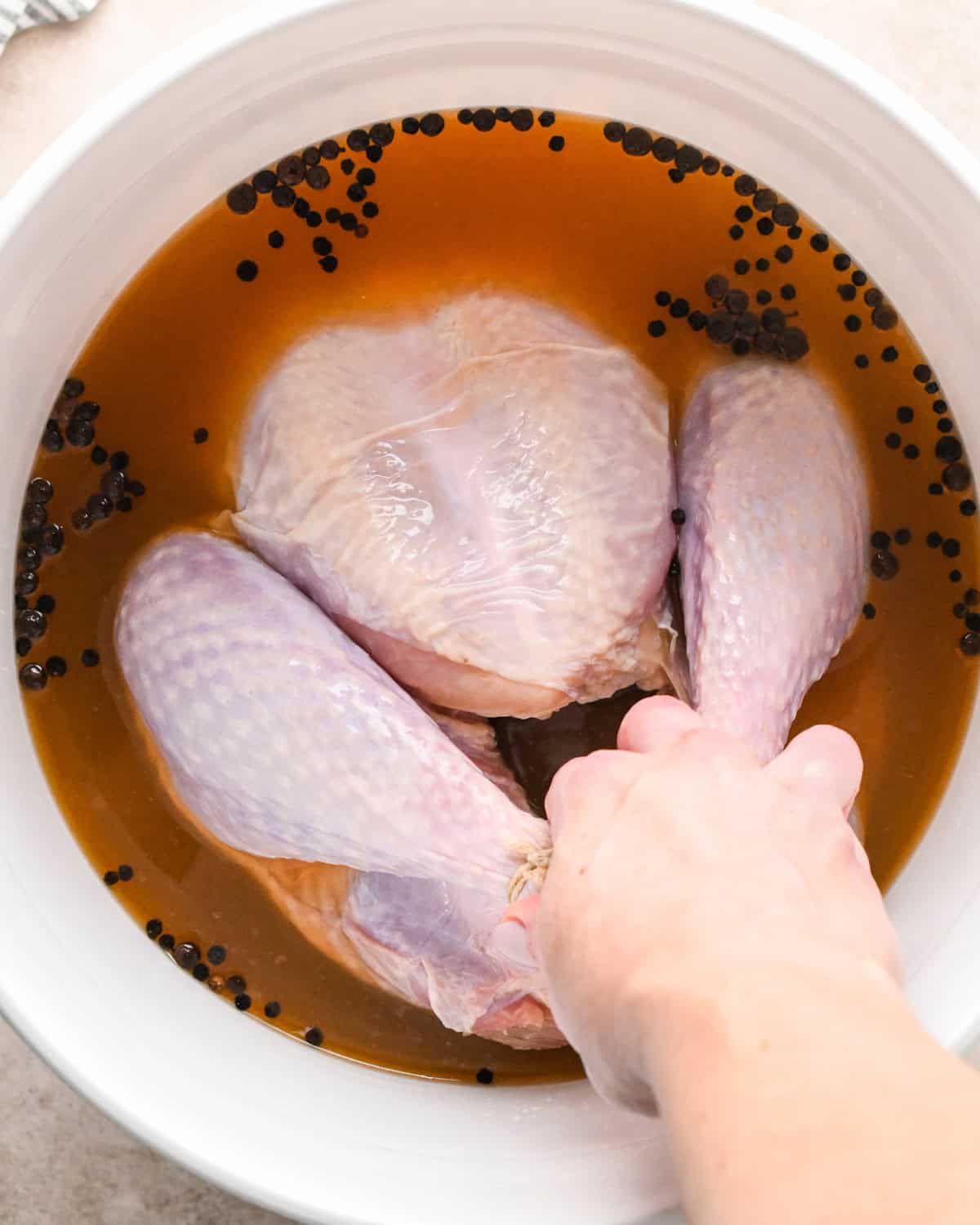 a raw, whole turkey being put into a white bucket of brine