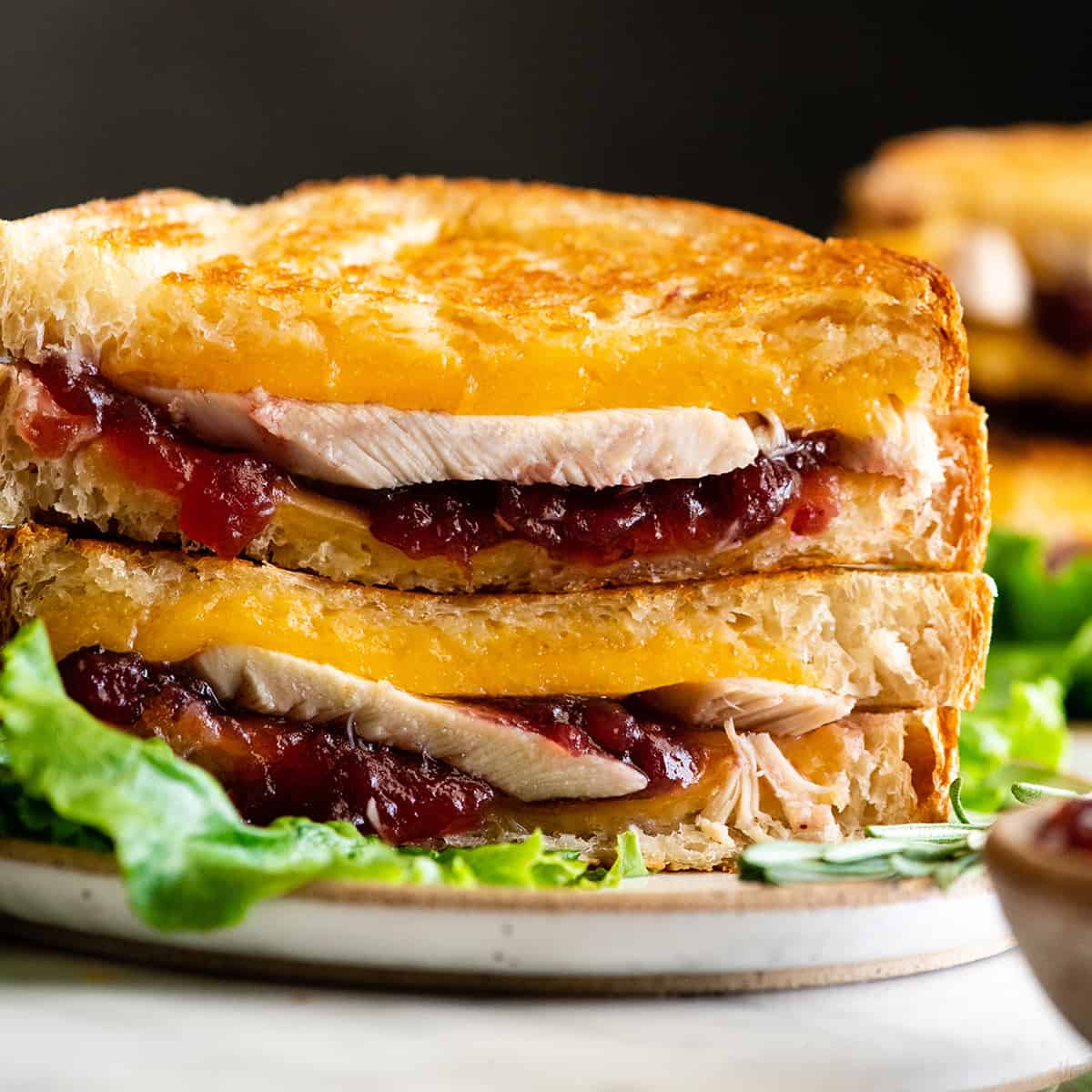 up close front photo of two halves of a Turkey Cranberry Sandwich stacked on each other