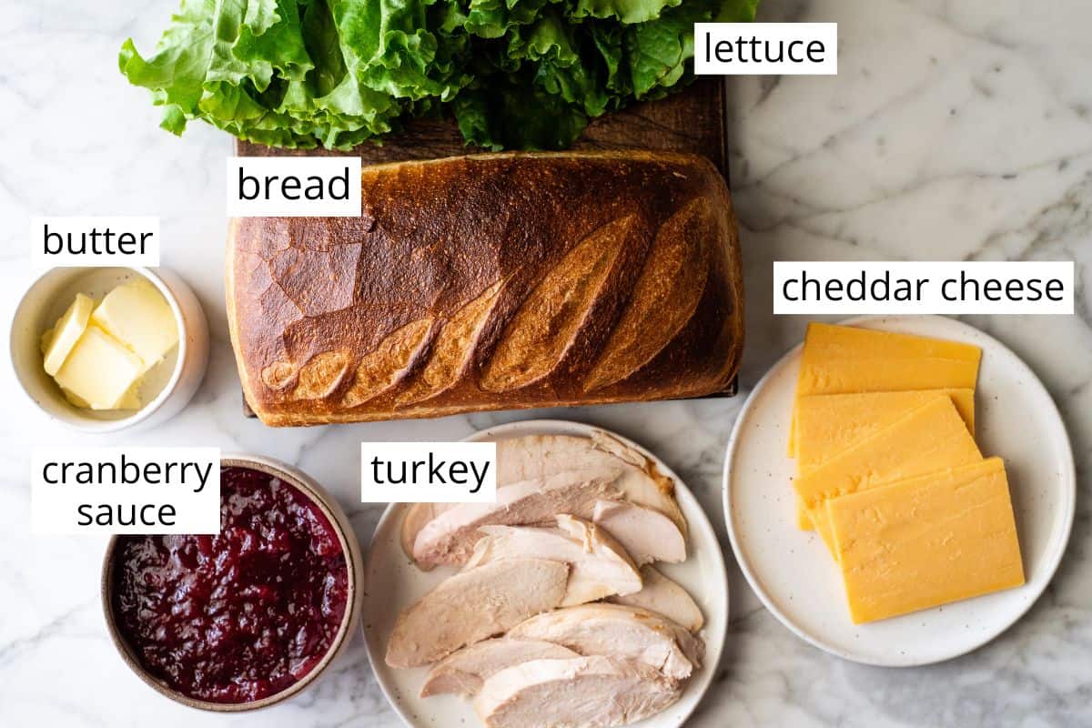overhead photo of the labeled ingredients in this turkey cranberry sandwich recipe