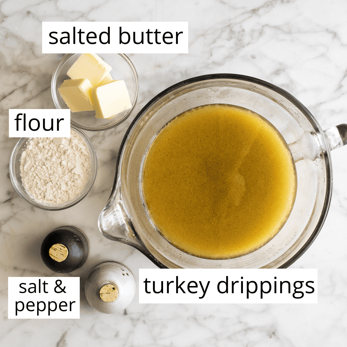 overhead view of the labeled ingredients in this easy turkey gravy recipe