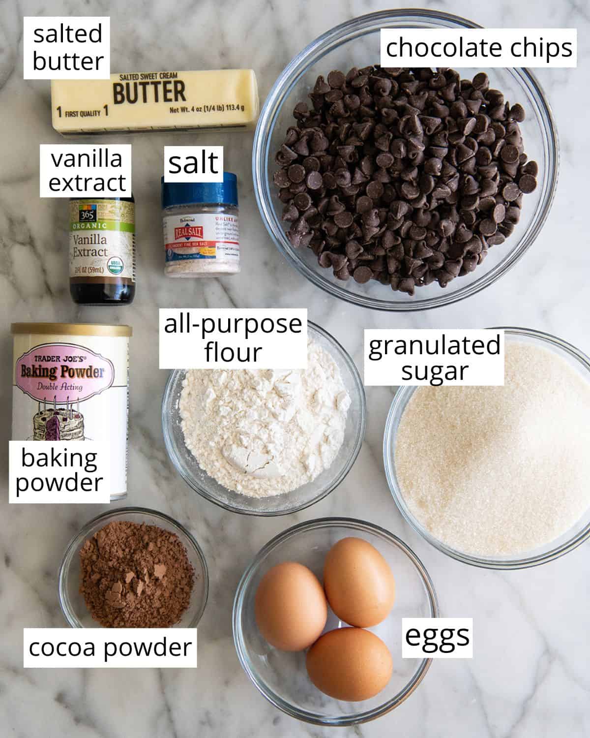 overhead view of the labeled ingredients in this Chocolate Brownie Cookies recipe