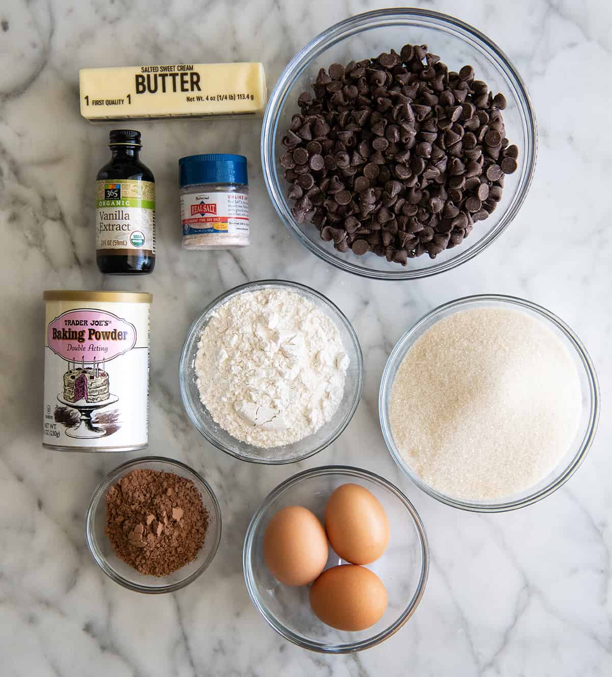 overhead view of the ingredients in this Chocolate Brownie Cookies recipe