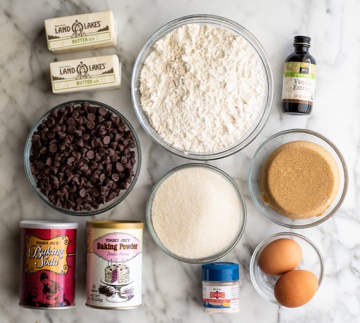 overhead photo of the ingredients in this Chocolate Chip Cookie Cake Recipe
