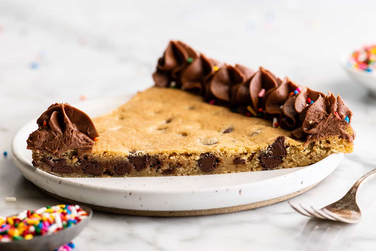 front view of a slice of this Chocolate Chip Cookie Cake Recipe