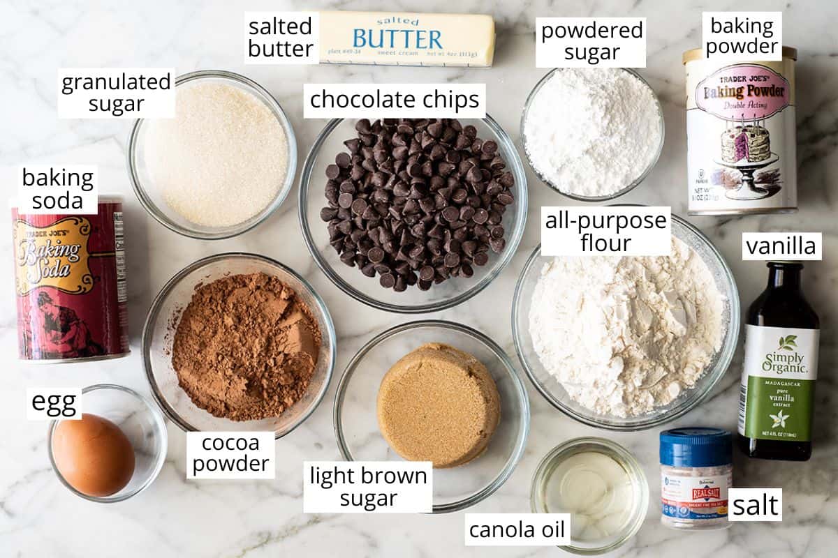 Overhead view of the labeled ingredients in this Chocolate Crinkle Cookies recipe