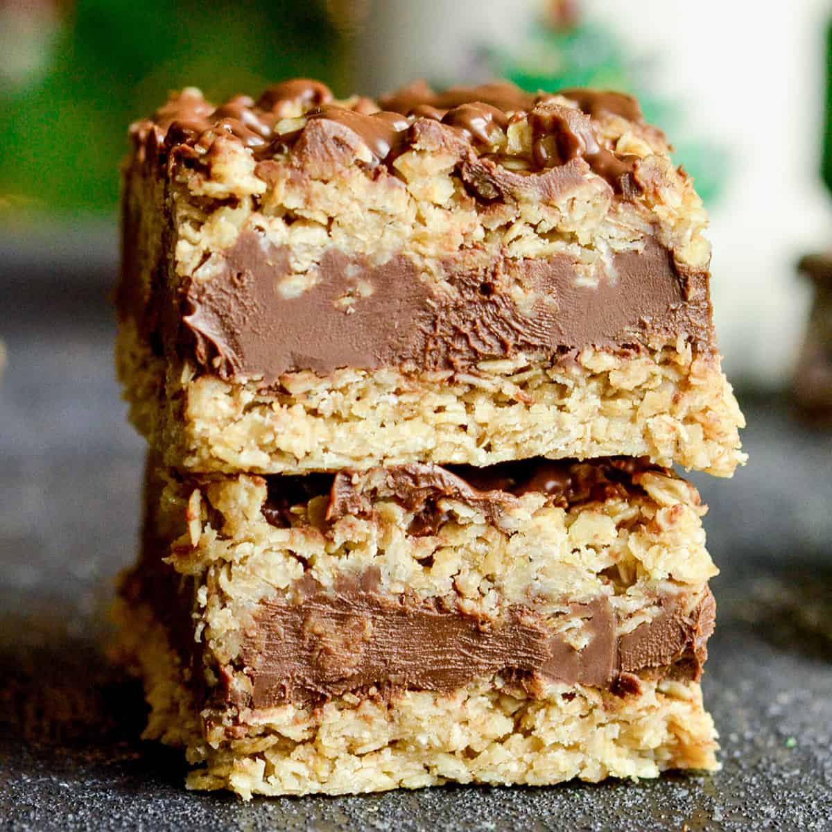 a stack of 2 Chocolate Peanut Butter Oatmeal Bars