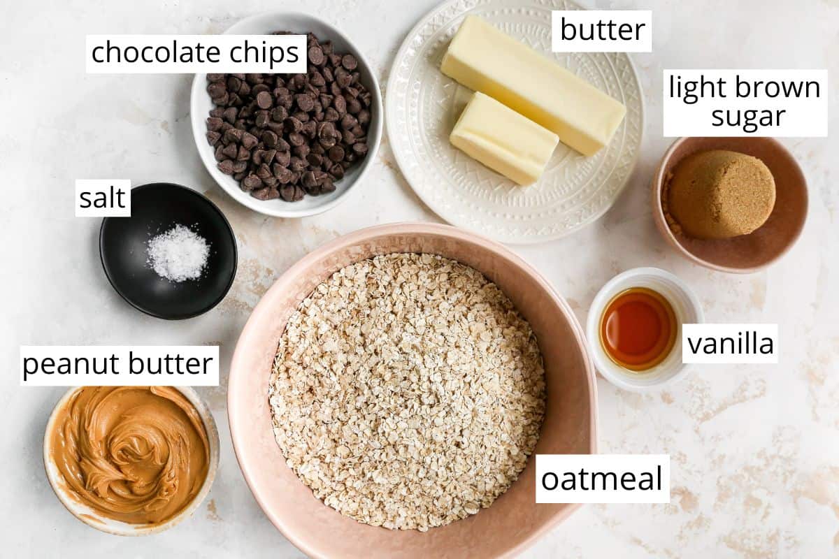 Overhead photo of the labeled ingredients in this Chocolate Peanut Butter Oatmeal Bars recipe