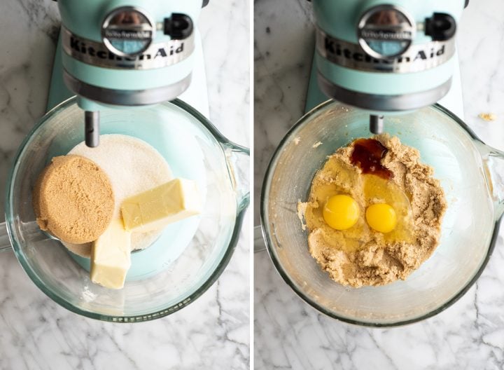 This chocolate chip cookie cake recipe is soft, chewy, slightly doughy and decorated with the best chocolate buttercream frosting. It's easy to make, large enough to feed a crowd, and even better than store-bought! two overhead photos showing How to Make a Cookie Cake