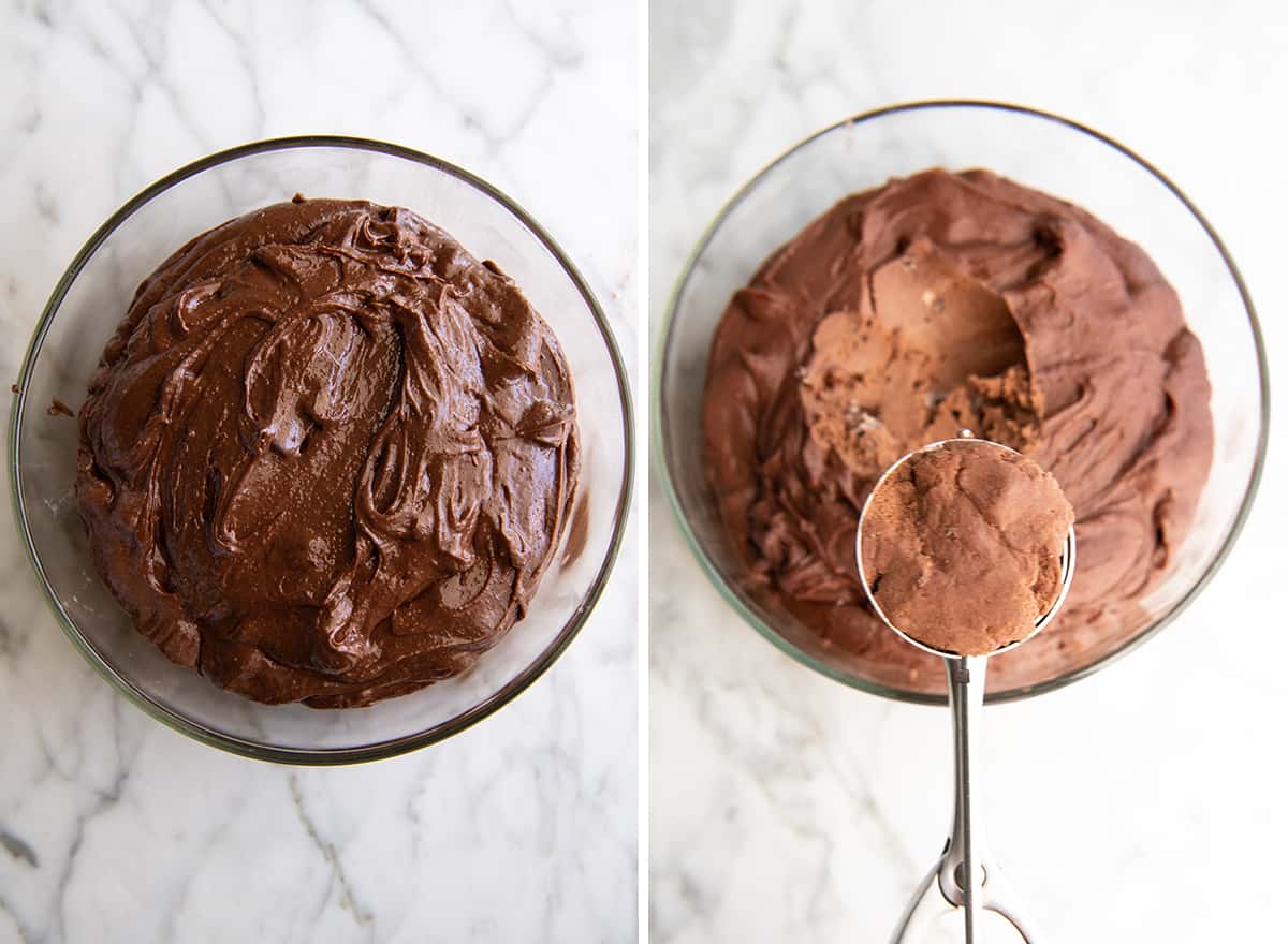 two overhead photos showing How to make Chocolate Brownie Cookies